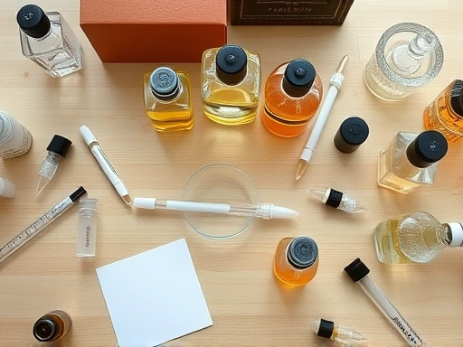 A detailed top-down view of a small perfumery station with various clear glass bottles, pipettes, measuring instruments, and tiny vials of essential oils on a light wooden table, focusing on the meticulous process of making perfume samples, clean and organized.