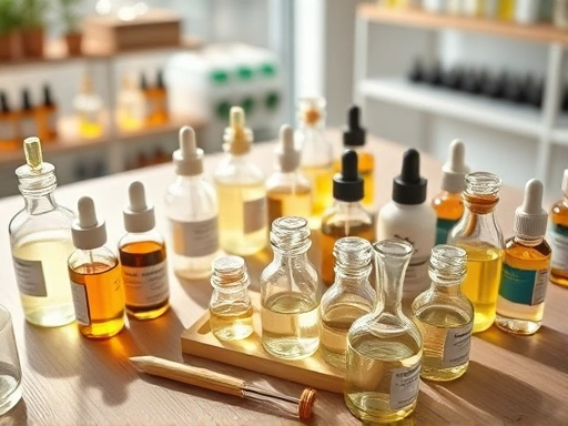 A high-angle shot of a bright, modern perfume workshop studio, with various small glass bottles of essential oils, droppers, and small measuring beakers neatly arranged on a wooden table. Soft, natural light illuminates the scene, highlighting the delicate textures of the liquids and glass, focusing on the tools of perfume making.