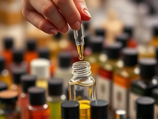 A close-up shot focusing on hands carefully dropping liquid from a pipette into a small glass bottle, surrounded by blurred rows of diverse perfume ingredients. The scene emphasizes precision and the creative process of custom fragrance blending, with a soft, warm light.
