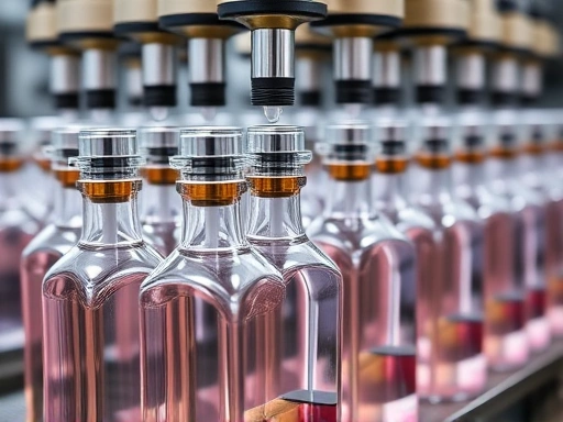 A close-up shot of elegant perfume bottles being filled and capped on an automated production line, highlighting the precision and final steps of bottling and packaging, with a focus on liquid clarity and bottle design.