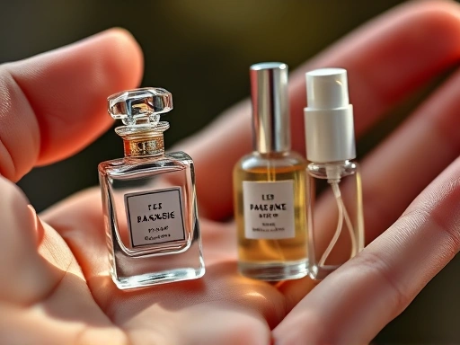 Close-up of a hand holding a tiny, intricate perfume miniature bottle next to a compact travel spray, with light glinting off the glass, highlighting their convenient size and exquisite detail.