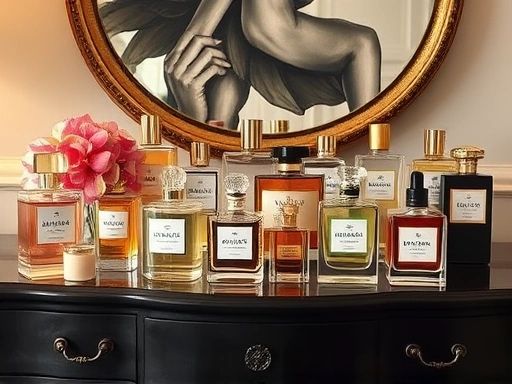 A beautifully arranged collection of diverse perfume bottles on an elegant dresser, showcasing different fragrance families like floral, woody, and citrus, evoking a sense of sophisticated personal choice and an exquisite array of perfume notes.
