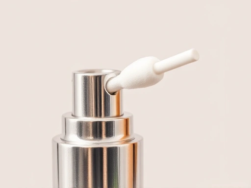 A close-up shot of a perfume spray nozzle being gently cleaned with a cotton swab, showcasing meticulous care and maintenance, with a soft, clean background, focused on the nozzle.