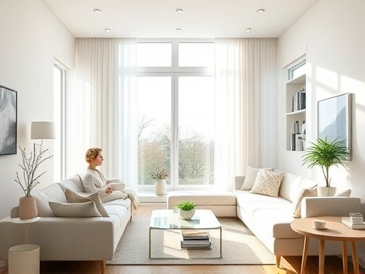 A modern, clean living room with open windows, fresh air blowing through light curtains, diffuse sunlight, emphasizing fresh, clean, and airy space. A subtle hint of fresh scent. Focus on brightness and comfort, with SEO keywords: 