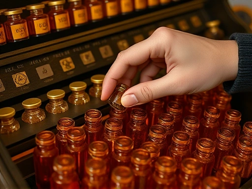 A close-up shot of a traditional perfume organ, showcasing numerous small amber or clear glass bottles arranged neatly, with a person's hand carefully selecting a bottle, highlighting the detailed and intricate process of olfactive training and the tools of a perfume expert.