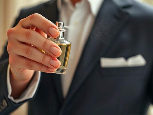 A close-up shot of a well-dressed person spraying perfume, showing a hint of their coordinated outfit (e.g., a formal suit sleeve or a casual linen fabric), with light shining on the fine mist, focusing on the act of styling.