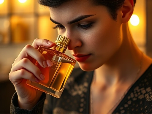 A person carefully smelling a perfume bottle, focusing on the scent, with a sophisticated and luxurious background, golden light, high detail, studio photography style, perfume quality evaluation keywords included naturally.