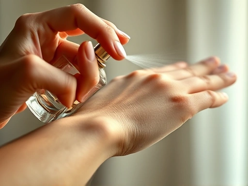 Close-up of a hand spraying perfume on a wrist, showing the delicate mist and skin texture, soft lighting, focus on the scent experience, distinguishing good perfumes.