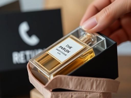 A close-up shot of a perfume box being carefully placed back into its original packaging, with a blurred background showing a return label or a customer service phone icon, emphasizing the importance of original packaging and proper handling for returns.