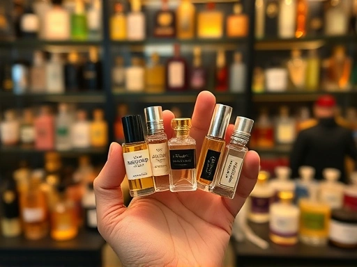 A hand holding various small perfume sample vials against a blurred background of a luxurious perfume display, highlighting the diversity and accessibility of samples for perfume enthusiasts.