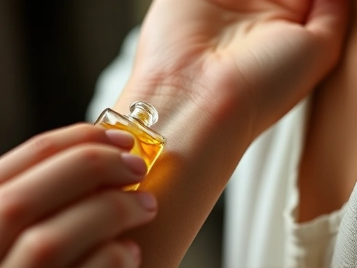 Close-up of a person applying a small amount of perfume from a sample vial onto their wrist, emphasizing the intimate and personal testing process to understand skin chemistry and fragrance evolution.