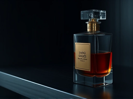 A close-up shot of a elegant perfume bottle on a cool, dark shelf, with subtle light, highlighting its longevity and proper storage. Focus on detail and texture.