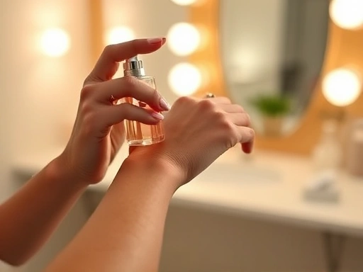 A person gently spraying perfume onto their pulse point on the wrist, with a soft, blurred background of a vanity, emphasizing the precise application for maximizing scent.