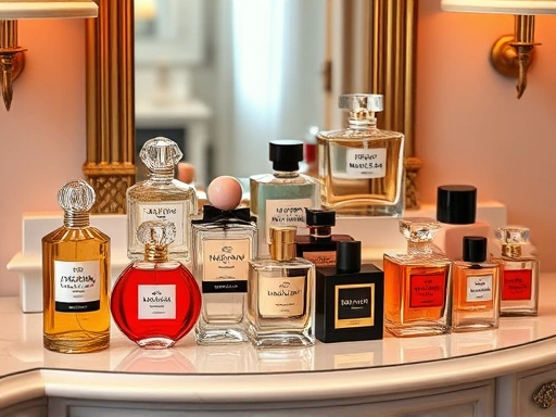 A visually appealing arrangement of various perfume bottles on a elegant vanity, with soft lighting emphasizing their colors and shapes, incorporating elements of personal style and choice.