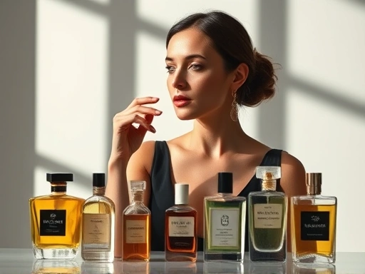 A sophisticated woman in a minimalist setting thoughtfully choosing from various perfume bottles, bathed in soft, natural light, symbolizing personal expression through perfume. Focus on the elegance and introspection.