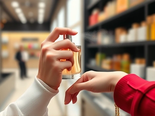 Close-up shot of a hand gently spritzing perfume on a wrist, with blurred background of a modern perfume store, emphasizing the personal testing process and the delicate mist of fragrance.