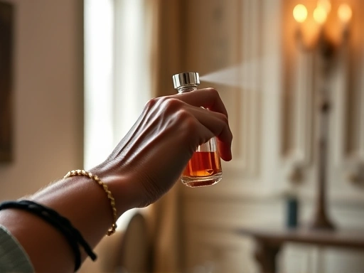 A person subtly spraying perfume on their wrist, emphasizing control and precision, in a soft, elegant indoor setting, focus on the hand and bottle, high-key lighting. The scene is refined and demonstrates careful perfume application and spray volume control.