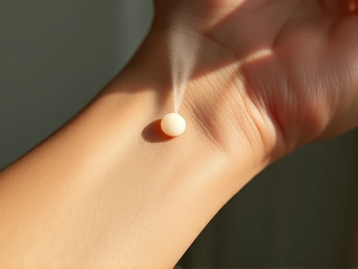 Close-up of a pulse point on a wrist with a delicate mist of perfume, highlighting skin texture and subtle application. The light emphasizes the fine spray and the moist glow on the skin, focusing on optimal perfume application and correct spray locations.