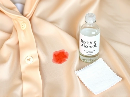 A close-up shot of a delicate silk blouse with a visible perfume stain on it, next to a small bottle of rubbing alcohol and cotton pads, highlighting the challenge and the initial steps of stain removal on clothing.