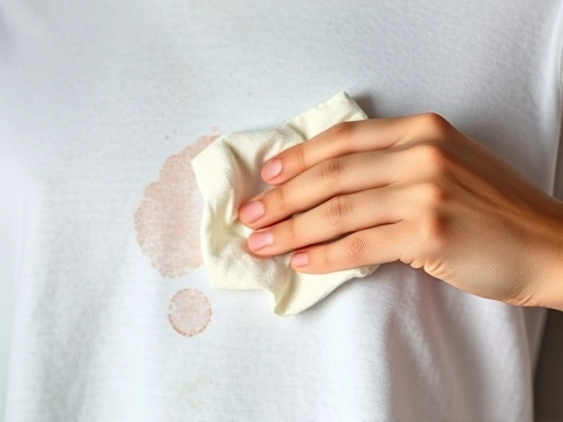 A detailed shot of a hand gently blotting a perfume stain on a cotton t-shirt with a white cloth soaked in a mild detergent solution, showing the process of stain removal on fabric with focused lighting.