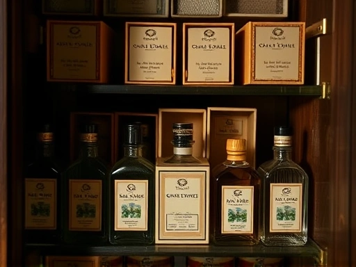Close-up of perfume bottles neatly stored in their original boxes inside a dark, cool, and dry wooden cabinet, emphasizing proper preservation conditions.
