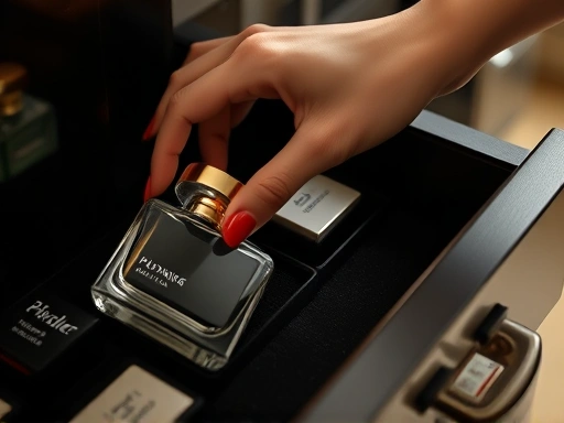 A close-up shot of a hand gently placing a perfume bottle into a dark, velvet-lined drawer, emphasizing the protection from light, with a hint of other organized bottles inside.
