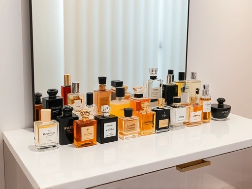 An elegant, well-organized perfume collection on a minimalist vanity, showing various bottles, with soft, indirect lighting enhancing the serene and luxurious atmosphere.
