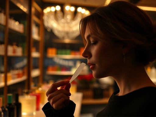 A person delicately smelling a perfume blotter in a luxurious, dimly lit perfume store, focusing on the sophisticated bottles and soft lighting, with a sense of calm and focused sensory experience.