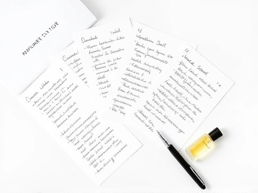A detailed shot of various perfume blotter papers, neatly organized with handwritten notes, next to a small vial of perfume and a pen on a clean, minimalist surface, highlighting the process of organized scent evaluation. SEO: perfume blotter, scent notes, fragrance evaluation, vial sample.
