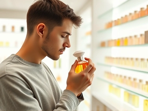 A person carefully smelling perfume on a paper blotter in a bright, minimalist perfume store, focusing on the subtle nuances of the scent, with modern decor. 