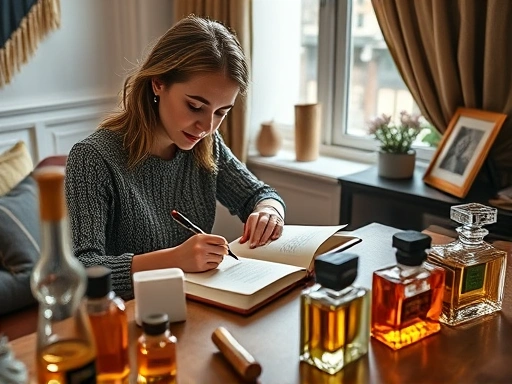 A person in a cozy room, diligently writing in a stylish journal, surrounded by various perfume bottles on a desk, capturing the essence of thoughtful perfume pattern tracking and personal discovery.