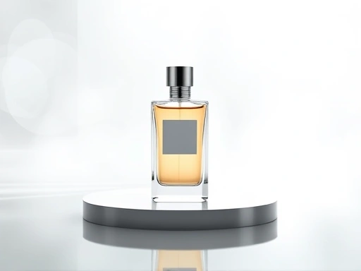 A stylish, modern minimalist perfume bottle on a sleek, reflective surface, surrounded by subtle, swirling mist and abstract light, symbolizing fragrance trend analysis and future prediction, in a clean, sophisticated aesthetic.