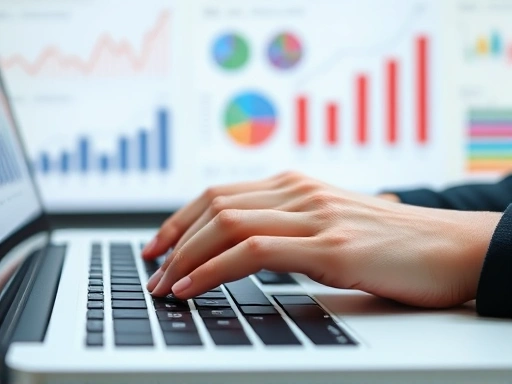 Close-up view of hands typing on a laptop keyboard, with a blurred background showing charts and graphs related to market data analysis and trend forecasting, emphasizing the practical aspect of perfume trend prediction.