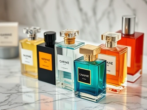 A detailed close-up shot of various perfume bottles with different colored liquids, arranged aesthetically on a luxurious marble surface, reflecting different scent profiles, soft lighting, high-end photography, perfume selection guide.