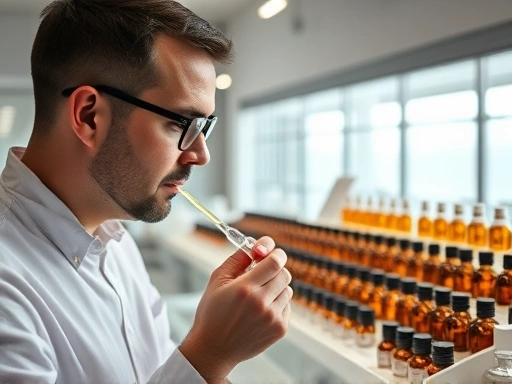 A professional perfumer in a minimalist, modern laboratory, surrounded by rows of small amber bottles, meticulously holding a glass pipette and smelling a blotter strip, conveying creativity and precision. (perfumer, laboratory, fragrance, creation, inspiration)
