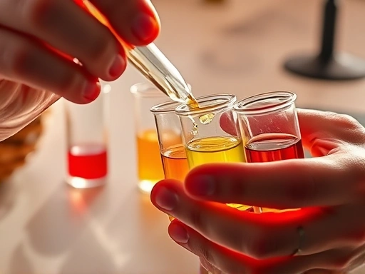 A close-up shot of a perfumer's hands delicately blending different liquid essences in small glass beakers, with sunlight catching the colorful liquids, highlighting the precision and artistry of the blending process. (perfumer, blending, fragrance, essences, artistry)