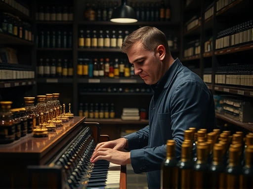 A professional perfumer meticulously working at a perfumer's organ, surrounded by countless essential oil bottles, with a focused expression, in a dimly lit, sophisticated perfumery laboratory.