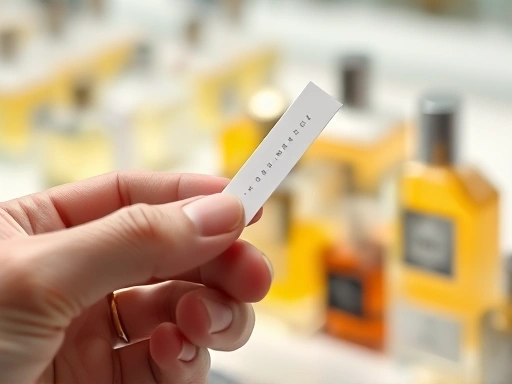 Close-up of a perfumer's hand holding a smelling strip, carefully evaluating a fragrance, with blurred perfume bottles in the background, focusing on the delicate process.