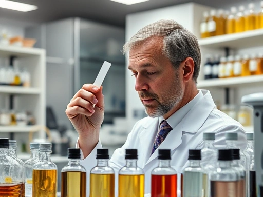 A perfumer in a clean, modern lab setting, surrounded by various small bottles of essential oils and chemical ingredients, holding a testing strip to their nose, focusing intently on the scent. The lab should have sophisticated equipment and a bright, professional atmosphere.