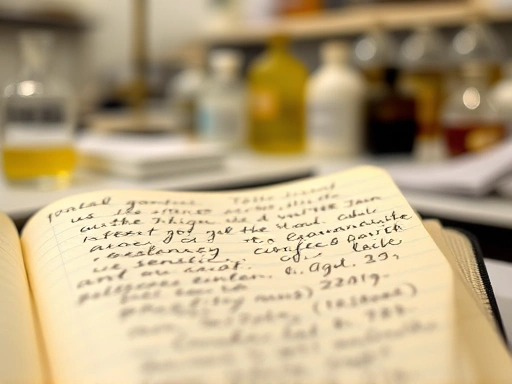 A close-up of a perfumer's notebook or journal, showing handwritten formulas, dates, and detailed notes on fragrance trials, with a blurred background of a laboratory setting to highlight the importance of meticulous record-keeping.
