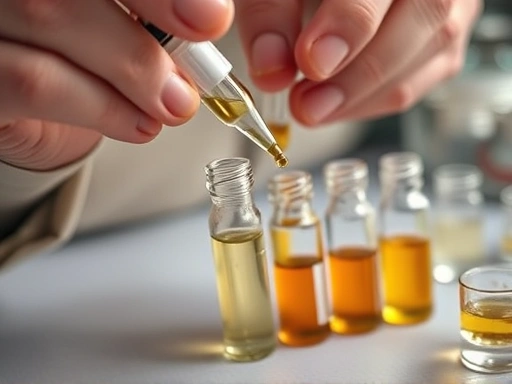 A close-up shot of a perfumer's hands delicately mixing different aromatic compounds in small glass vials, with a detailed focus on the liquid and the intricate process. The background is softly blurred.