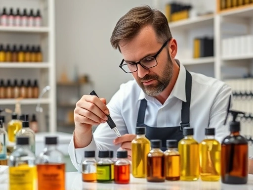 A professional perfumer is meticulously examining various essential oil bottles and blotter strips in a well-lit studio, focusing on the intricate process of olfactory training and scent development.