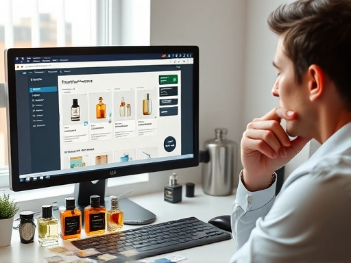 A person thoughtfully looking at a computer screen displaying perfumery software, with various small fragrance bottles and scent strips on the desk, highlighting digital perfumery tools.