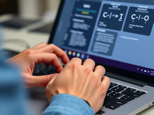 Close-up of hands typing on a laptop keyboard, with a complex fragrance formula displayed on the screen, showing detailed digital perfumery software for precise formulation.