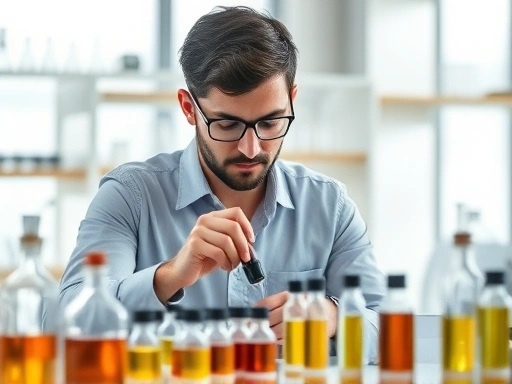 A focused individual carefully blending various perfume ingredients in a serene, modern laboratory setting, surrounded by beakers and small bottles, emphasizing precision and the creative process of perfume blending. SEO keywords: perfume blending, laboratory, fragrance creation, essential oils.