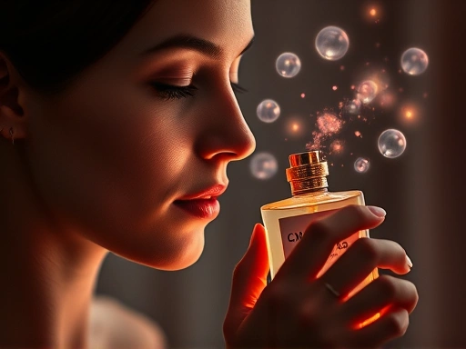 A person with a serene expression, gently smelling a perfume bottle, with ethereal, glowing memory bubbles floating around their head, symbolizing vivid recollections. Soft lighting and a dreamlike atmosphere. Focus on the emotional connection between fragrance and memory, showcasing psychological effects and associations.