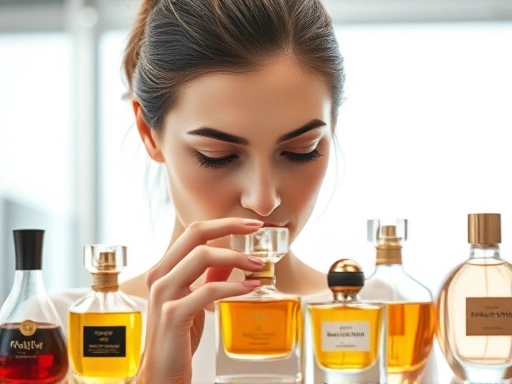 A person with a concentrated expression smelling a perfume bottle, surrounded by various elegantly designed perfume bottles, in a bright, modern setting, focusing on the sensory experience and detailed aroma detection, with a sophisticated and clean aesthetic, symbolizing the journey to becoming a perfume expert.