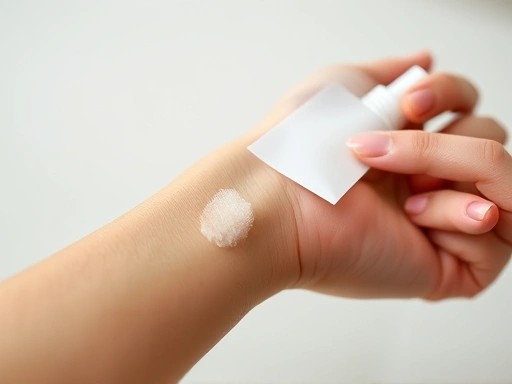 A close-up shot of a person's wrist with a small spray of perfume, while holding a paper blotter for comparison, focusing on the skin texture and the delicate mist, set against a soft, clean background to highlight the perfume testing process.