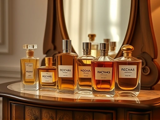 An elegant collection of Rochas perfumes bottles displayed on a vintage French vanity table, bathed in soft, warm light, showcasing the classic design and luxury of French couture fragrances.