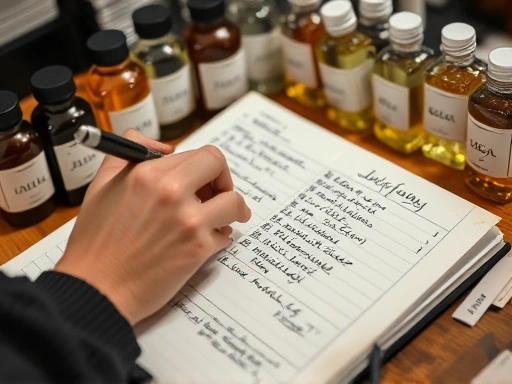 A close-up shot of a hand writing in a perfumer's scent journal, surrounded by neatly labeled bottles of aroma chemicals and used blotter strips, emphasizing the detailed process of olfactory memory building and fragrance development.
